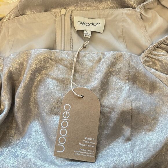 NWT Celadon Puff Sleeve Baby Doll Dress Metallic Gold Women Off Shoulder Size L - Picture 11 of 13